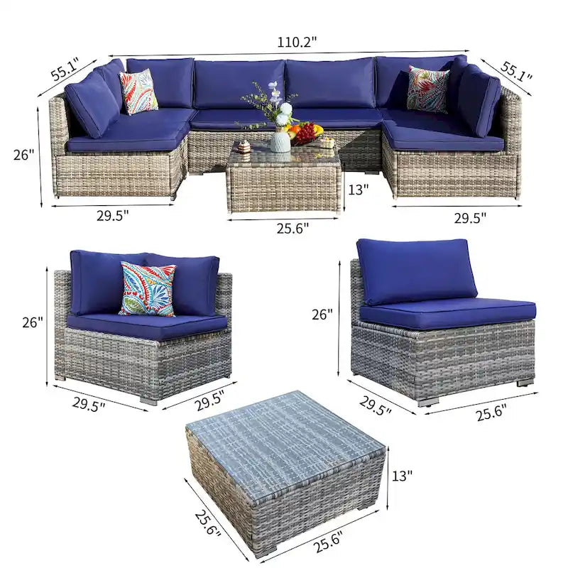 Ensemble de canapé d'angle d'extérieur en osier 7 pièces avec coussins et table basse