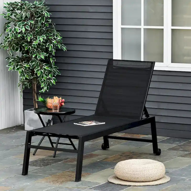 Outsunny Patio Garden Sun Chaise Lounge Chair with 5-Position Backrest, 2 Back Wheels, & Industrial Design