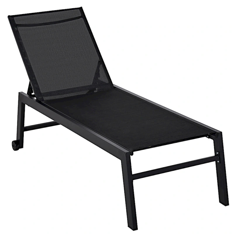 Chaise longue d'extérieur Outsunny avec dossier inclinable sur 5 positions, 2 roues arrière et design industriel