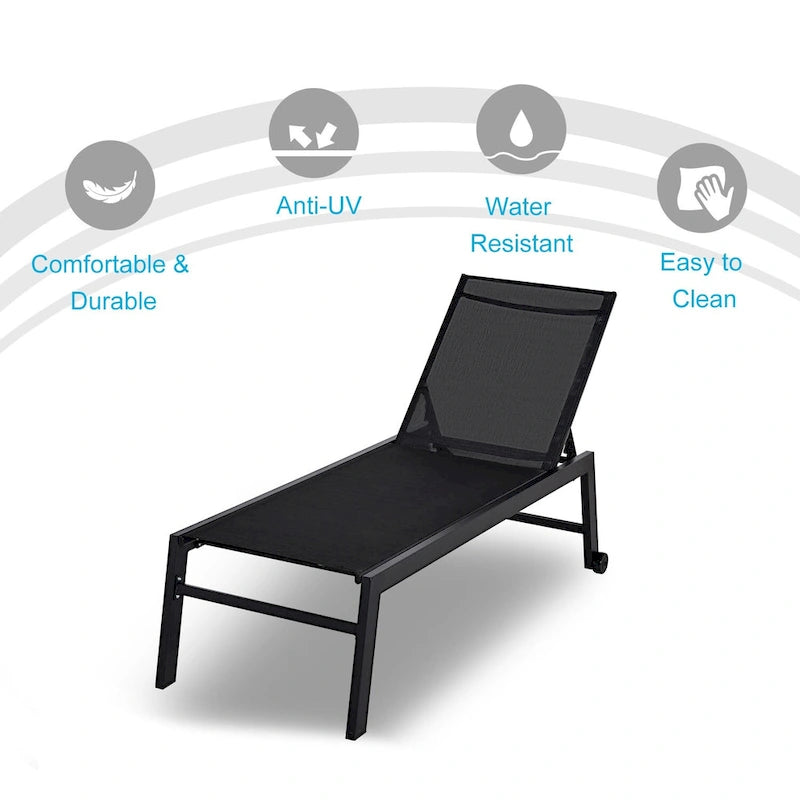 Chaise longue d'extérieur Outsunny avec dossier inclinable sur 5 positions, 2 roues arrière et design industriel