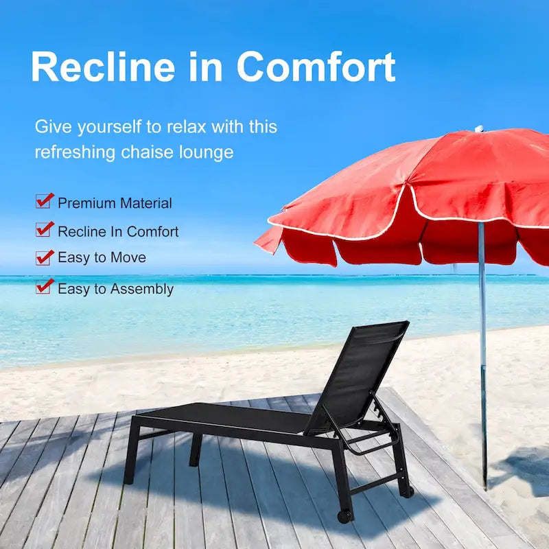 Chaise longue d'extérieur Outsunny avec dossier inclinable sur 5 positions, 2 roues arrière et design industriel