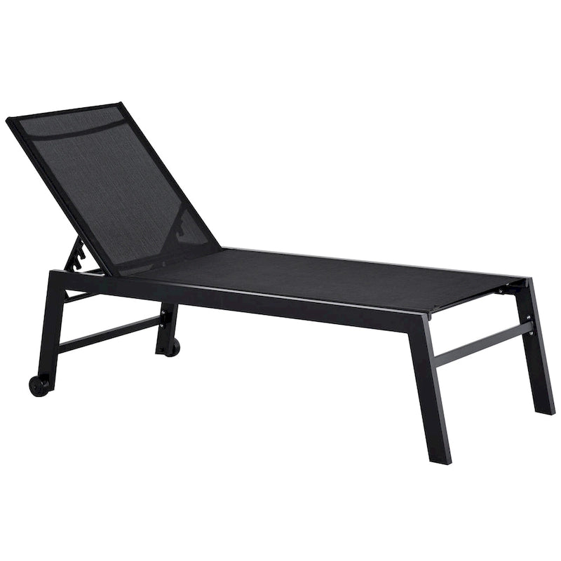 Chaise longue d'extérieur Outsunny avec dossier inclinable sur 5 positions, 2 roues arrière et design industriel