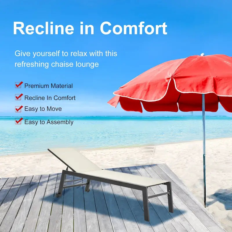 Chaise longue d'extérieur Outsunny avec dossier inclinable sur 5 positions, 2 roues arrière et design industriel