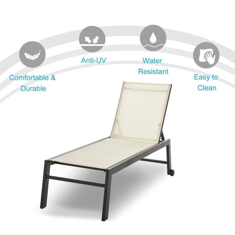 Chaise longue d'extérieur Outsunny avec dossier inclinable sur 5 positions, 2 roues arrière et design industriel