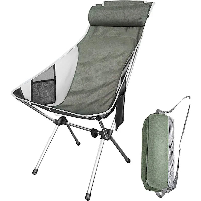 Chaise de camping, chaise de randonnée, chaise pliante à dossier haut, compacte, robuste avec coussin appui-tête pour l'extérieur, la randonnée, les voyages