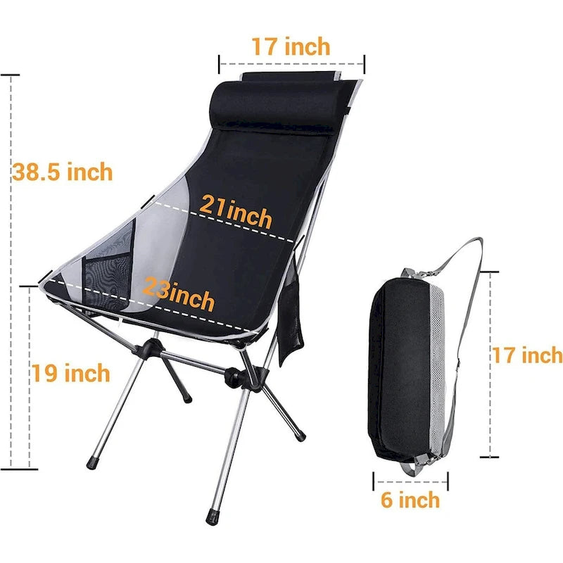 Chaise de camping, chaise de randonnée, chaise pliante à dossier haut, compacte, robuste avec coussin appui-tête pour l'extérieur, la randonnée, les voyages