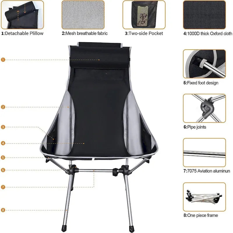Chaise de camping, chaise de randonnée, chaise pliante à dossier haut, compacte, robuste avec coussin appui-tête pour l'extérieur, la randonnée, les voyages