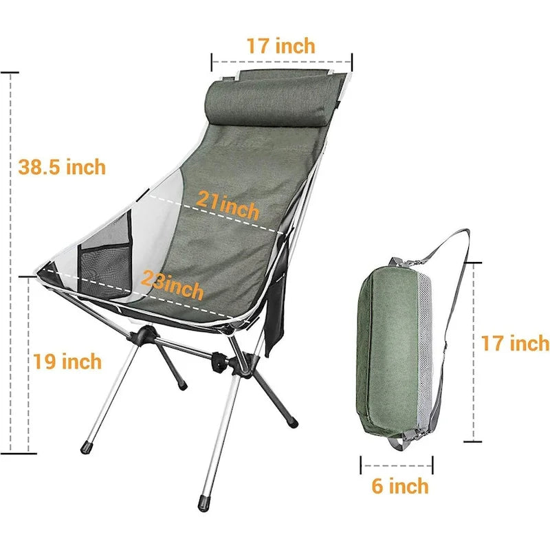 Chaise de camping, chaise de randonnée, chaise pliante à dossier haut, compacte, robuste avec coussin appui-tête pour l'extérieur, la randonnée, les voyages