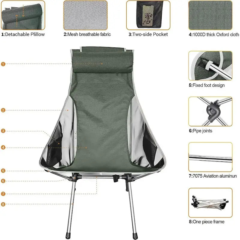 Chaise de camping, chaise de randonnée, chaise pliante à dossier haut, compacte, robuste avec coussin appui-tête pour l'extérieur, la randonnée, les voyages