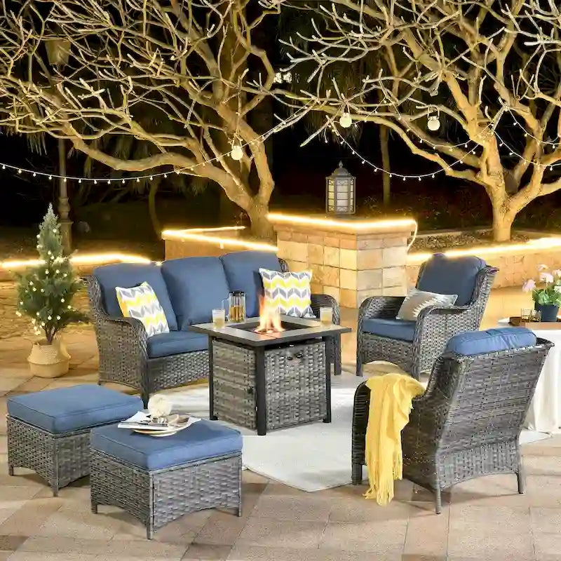 Ensemble de mobilier de patio en osier gris 6 pièces OVIOS avec foyer de 30 po