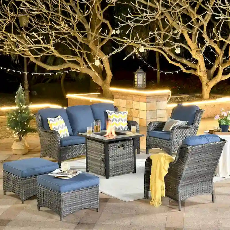 OVIOS Grey Wicker 6-piece Patio Furniture Set With 30 Fire Pit