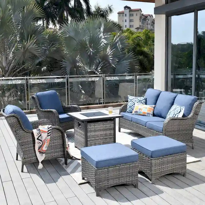 Ensemble de mobilier de patio en osier gris 6 pièces OVIOS avec foyer de 30 po
