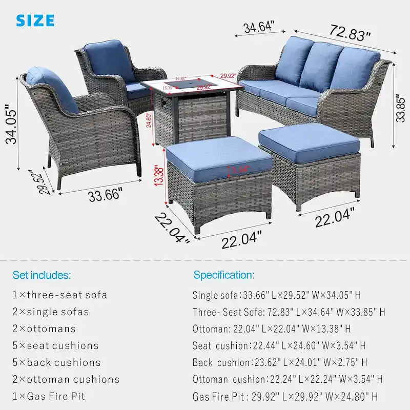 Ensemble de mobilier de patio en osier gris 6 pièces OVIOS avec foyer de 30 po