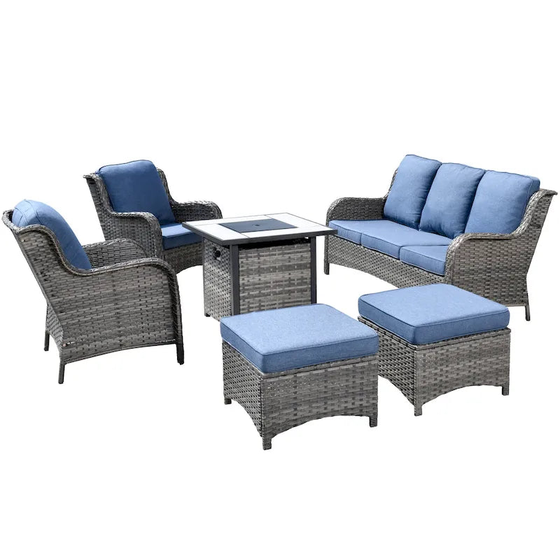 Ensemble de mobilier de patio en osier gris 6 pièces OVIOS avec foyer de 30 po
