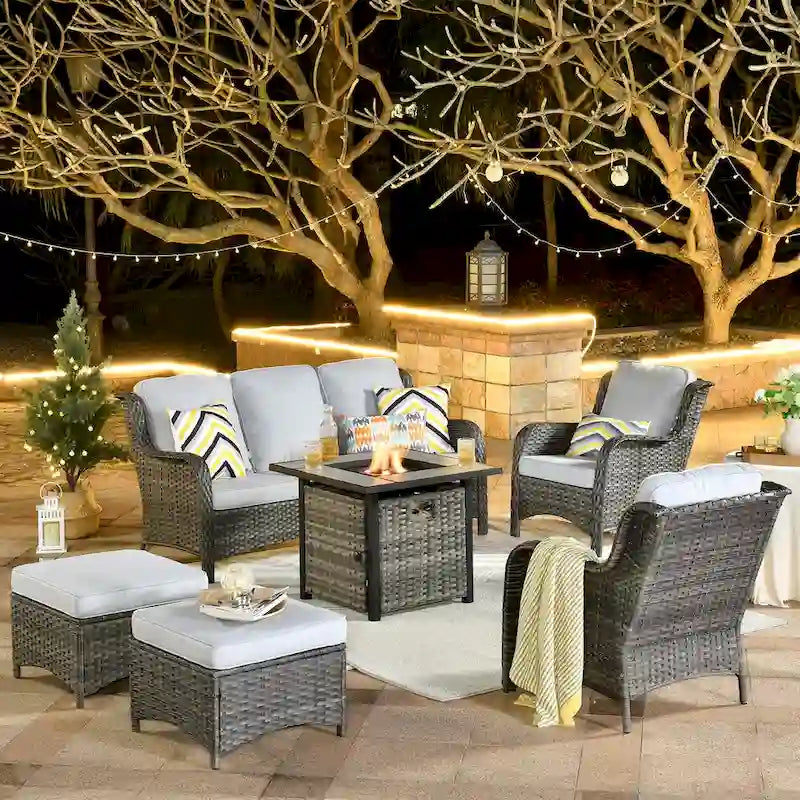 Ensemble de mobilier de patio en osier gris 6 pièces OVIOS avec foyer de 30 po