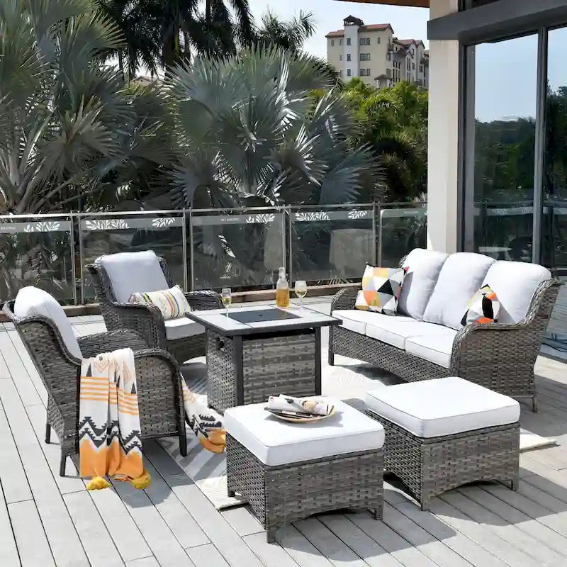 Ensemble de mobilier de patio en osier gris 6 pièces OVIOS avec foyer de 30 po