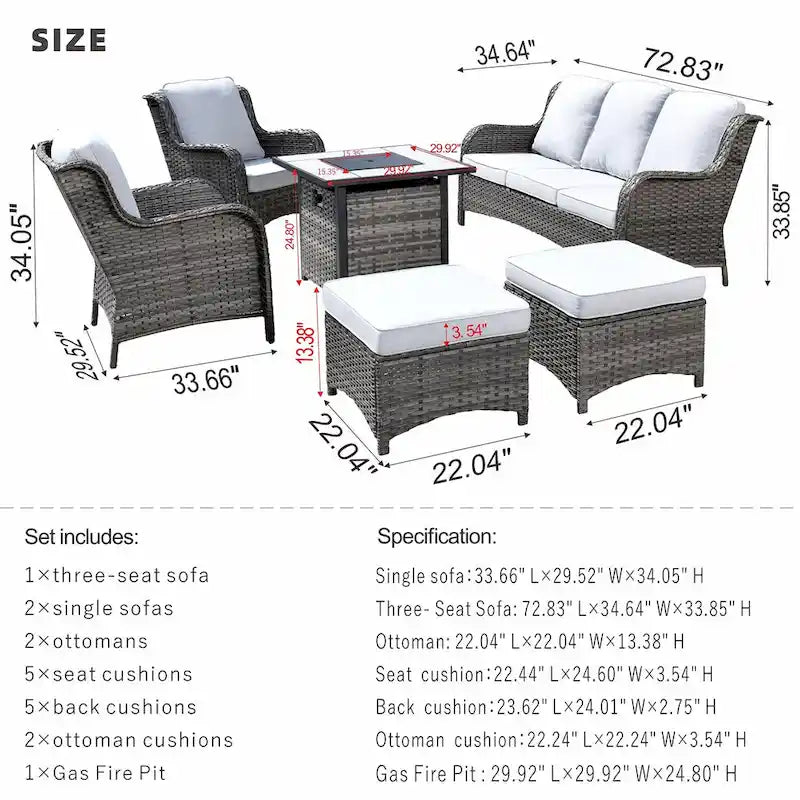 Ensemble de mobilier de patio en osier gris 6 pièces OVIOS avec foyer de 30 po