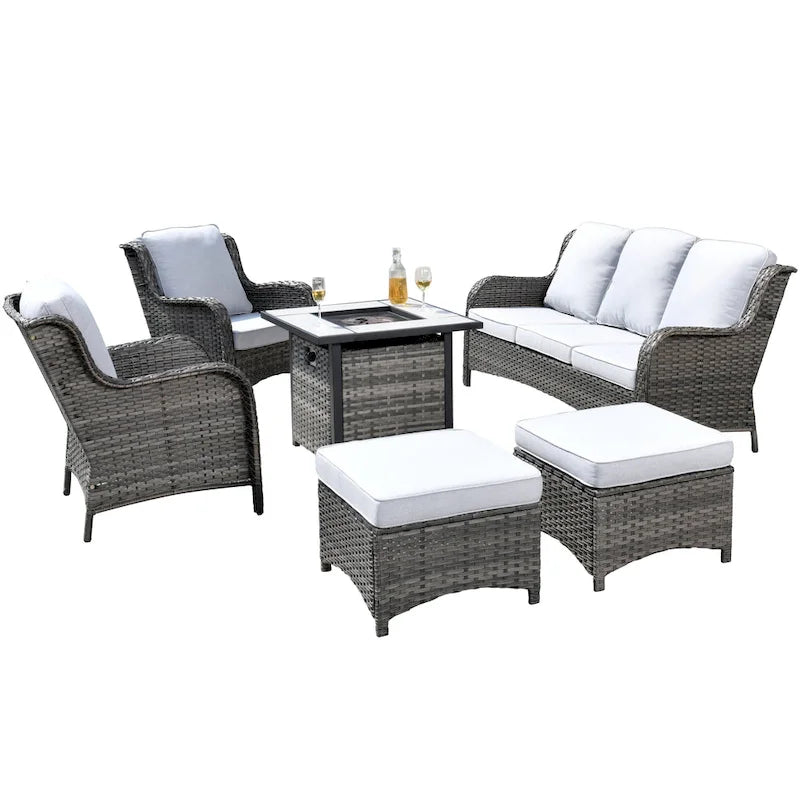 Ensemble de mobilier de patio en osier gris 6 pièces OVIOS avec foyer de 30 po