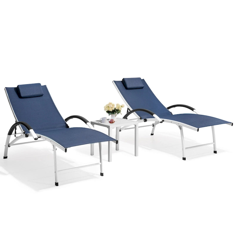 Chaises longues de jardin pliantes et inclinables 3 pièces avec table d'appoint