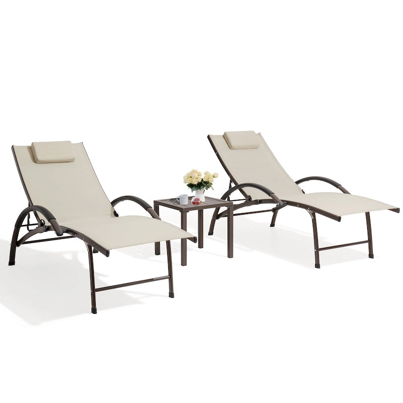 Chaises longues de jardin pliantes et inclinables 3 pièces avec table d'appoint
