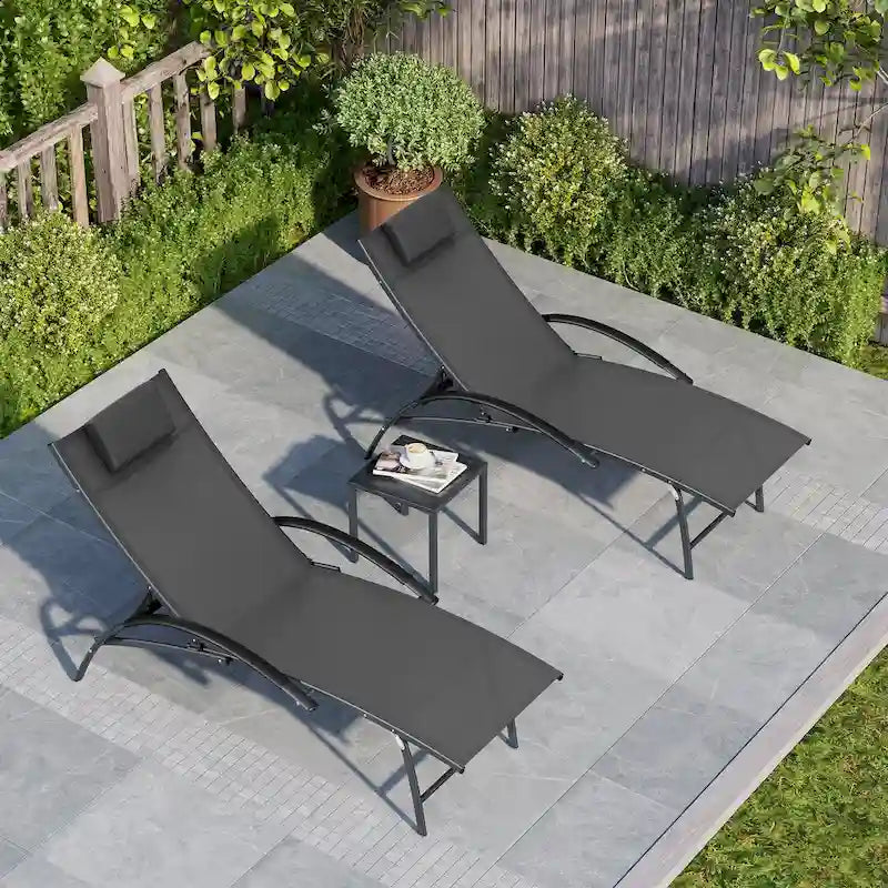 3-piece Outdoor Folding Adjustable Reclining Chaise Lounge Chairs with Side Table