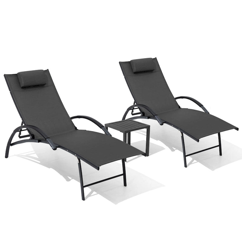Chaises longues de jardin pliantes et inclinables 3 pièces avec table d'appoint