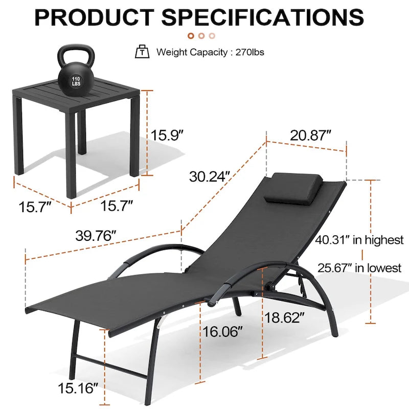 Chaises longues de jardin pliantes et inclinables 3 pièces avec table d'appoint