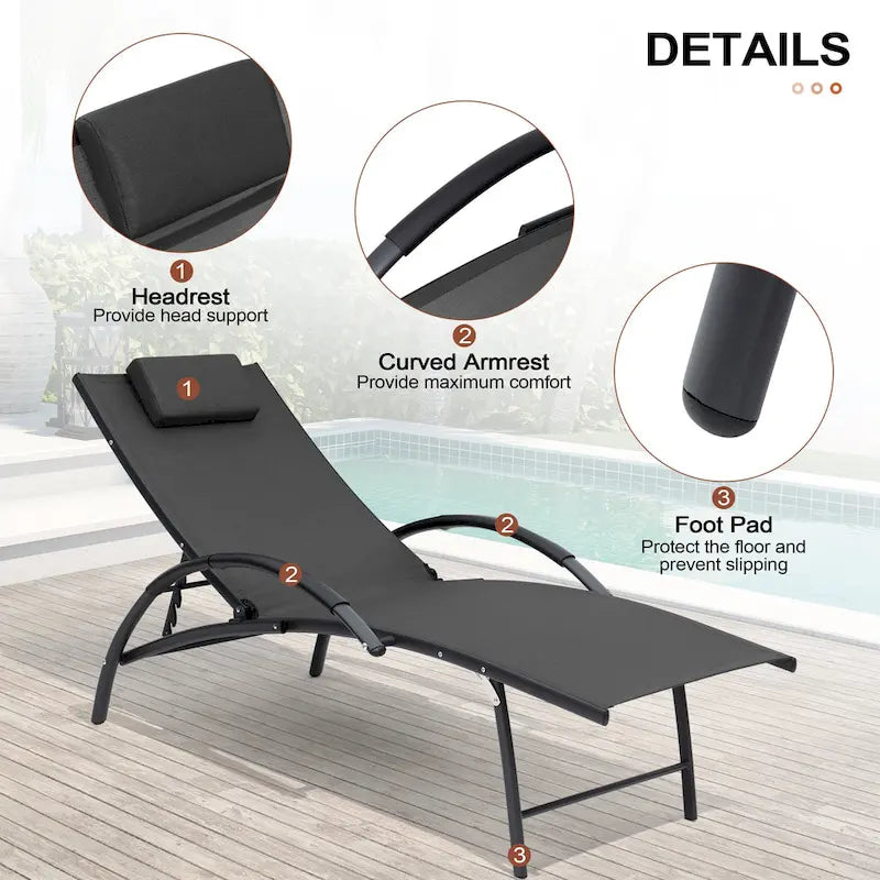 Chaises longues de jardin pliantes et inclinables 3 pièces avec table d'appoint