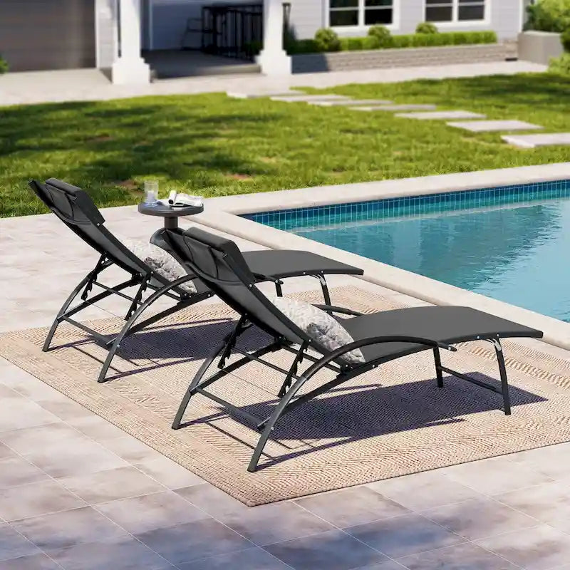 Chaises longues de jardin pliantes et inclinables 3 pièces avec table d'appoint