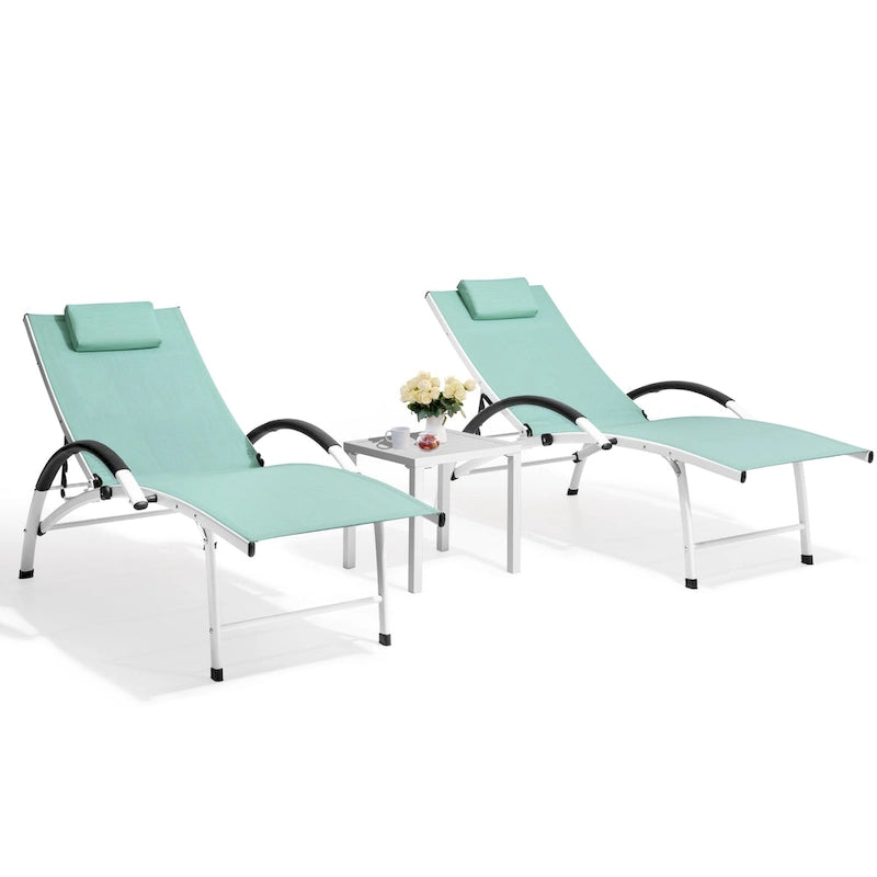 Chaises longues de jardin pliantes et inclinables 3 pièces avec table d'appoint