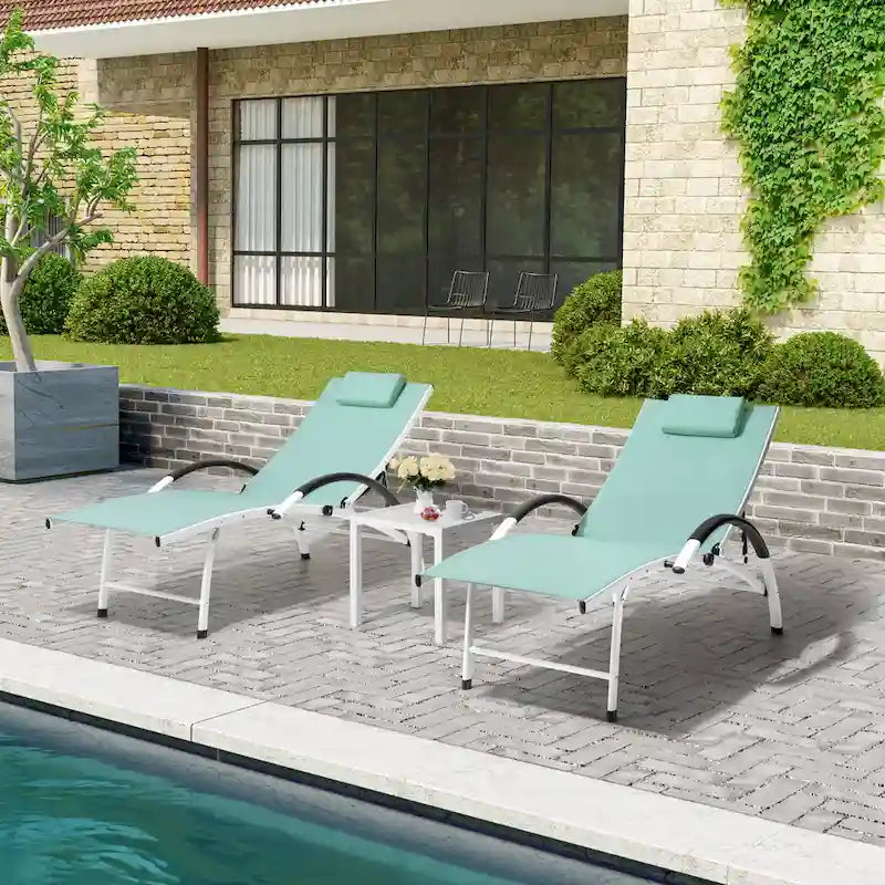 Chaises longues de jardin pliantes et inclinables 3 pièces avec table d'appoint