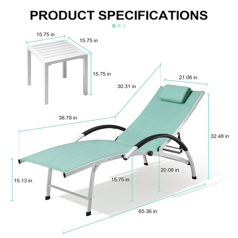 Chaises longues de jardin pliantes et inclinables 3 pièces avec table d'appoint