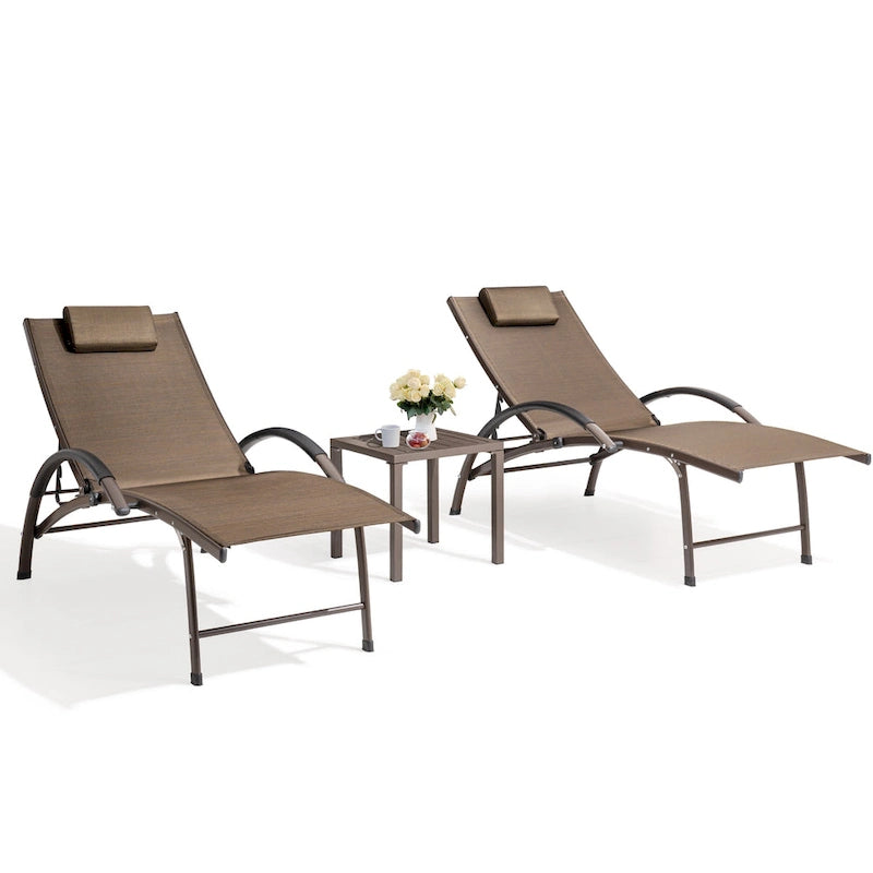 Chaises longues de jardin pliantes et inclinables 3 pièces avec table d'appoint