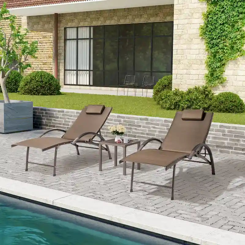 Chaises longues de jardin pliantes et inclinables 3 pièces avec table d'appoint