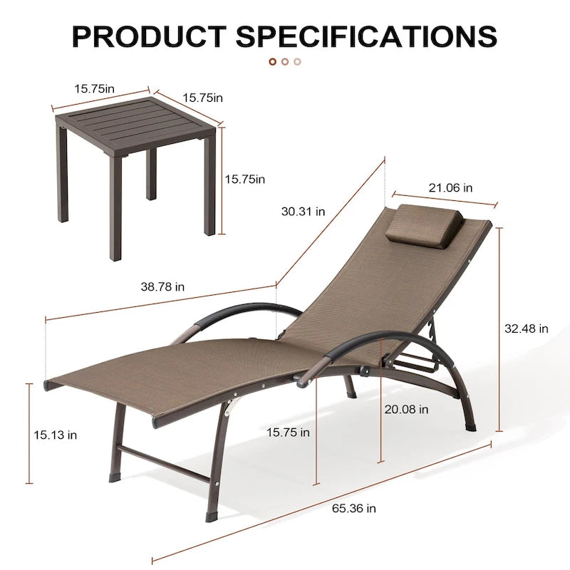 Chaises longues de jardin pliantes et inclinables 3 pièces avec table d'appoint