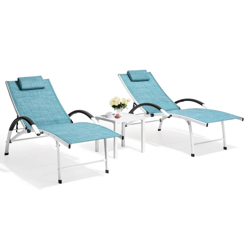 Chaises longues de jardin pliantes et inclinables 3 pièces avec table d'appoint