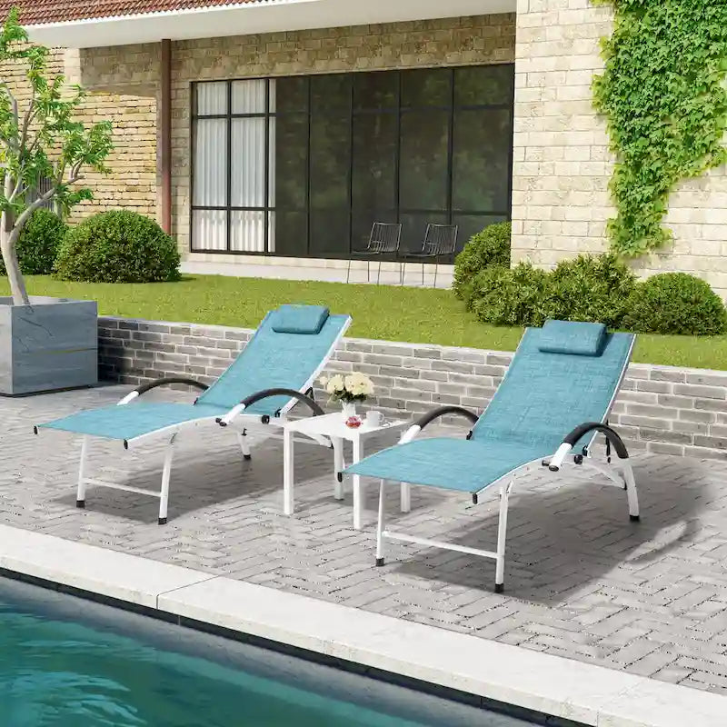 Chaises longues de jardin pliantes et inclinables 3 pièces avec table d'appoint