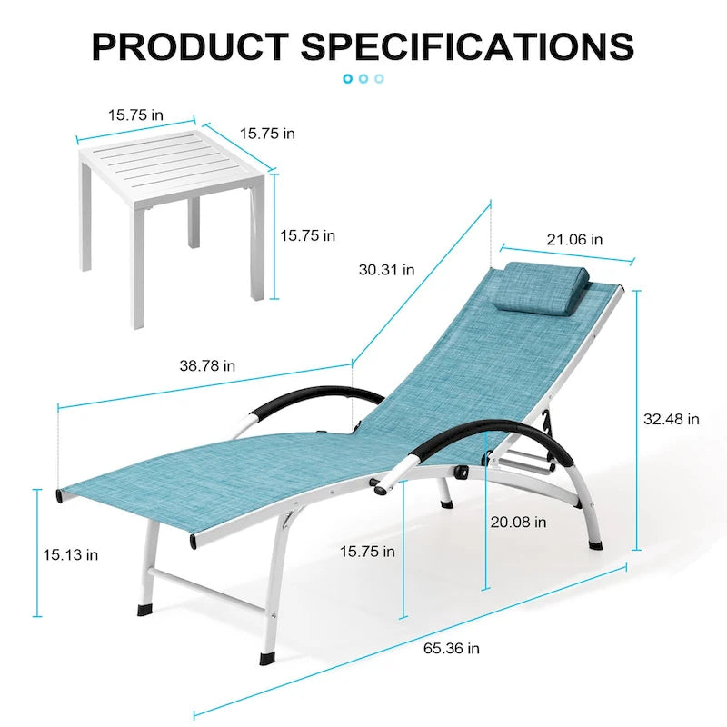 Chaises longues de jardin pliantes et inclinables 3 pièces avec table d'appoint