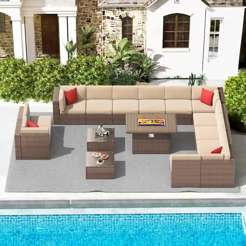 Ensembles de meubles de patio 15 pièces avec table de foyer de 50 000 BTU