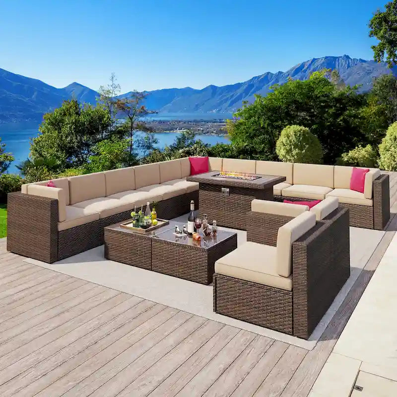 Ensembles de meubles de patio 15 pièces avec table de foyer de 50 000 BTU