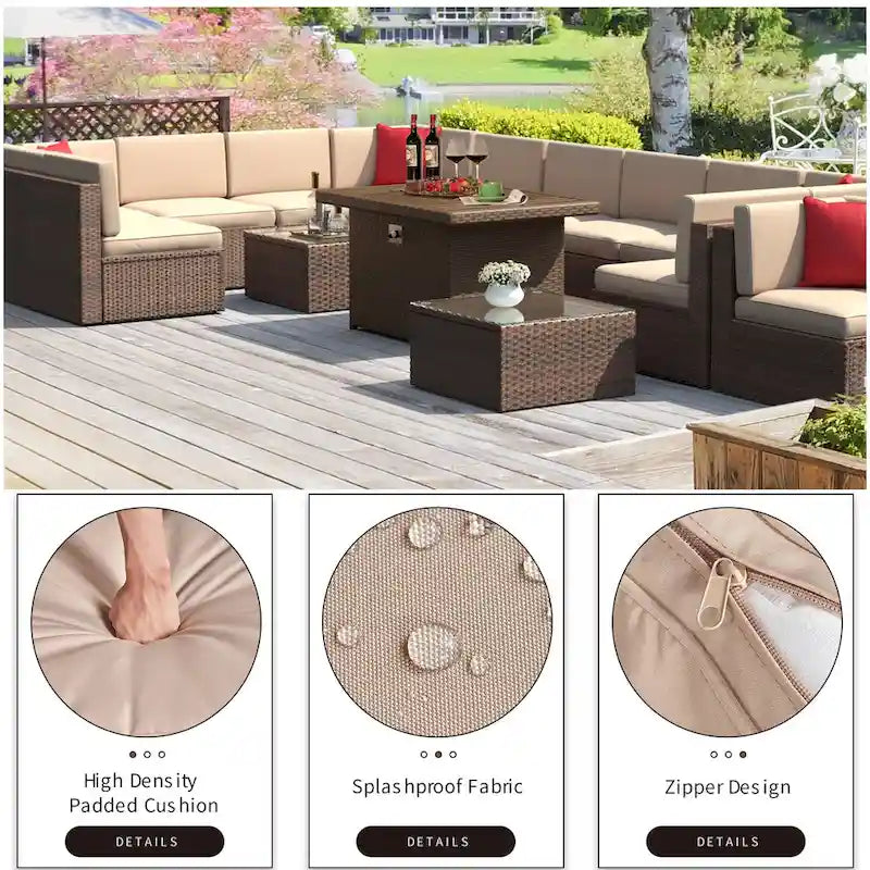 Ensembles de meubles de patio 15 pièces avec table de foyer de 50 000 BTU