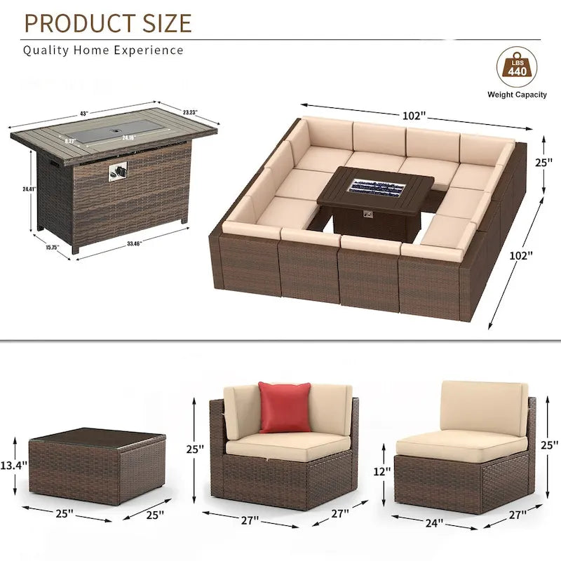 Ensembles de meubles de patio 15 pièces avec table de foyer de 50 000 BTU