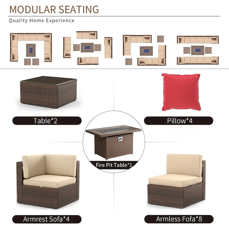 Ensembles de meubles de patio 15 pièces avec table de foyer de 50 000 BTU