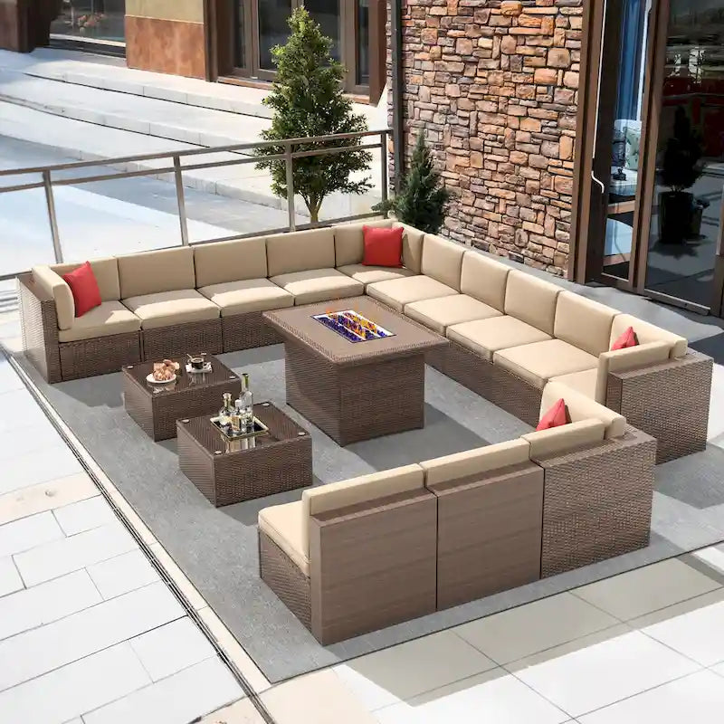 Ensembles de meubles de patio 15 pièces avec table de foyer de 50 000 BTU