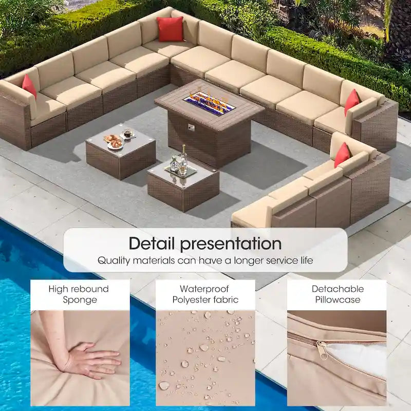 Ensembles de meubles de patio 15 pièces avec table de foyer de 50 000 BTU