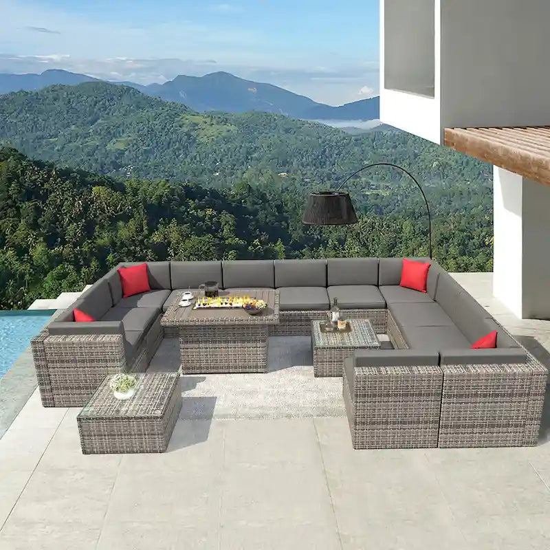 Ensembles de meubles de patio 15 pièces avec table de foyer de 50 000 BTU