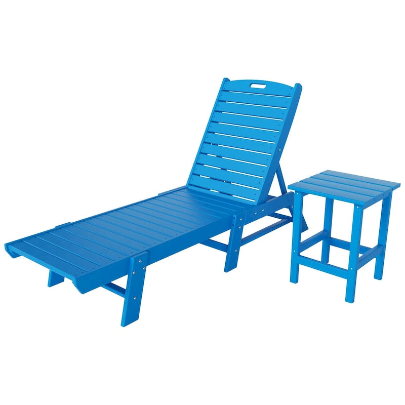 Chaises longues inclinables sans accoudoirs Polytrends Laguna en PEHD pour terrasse ou piscine, toutes saisons, avec table d'appoint (ensemble de 2 pièces)