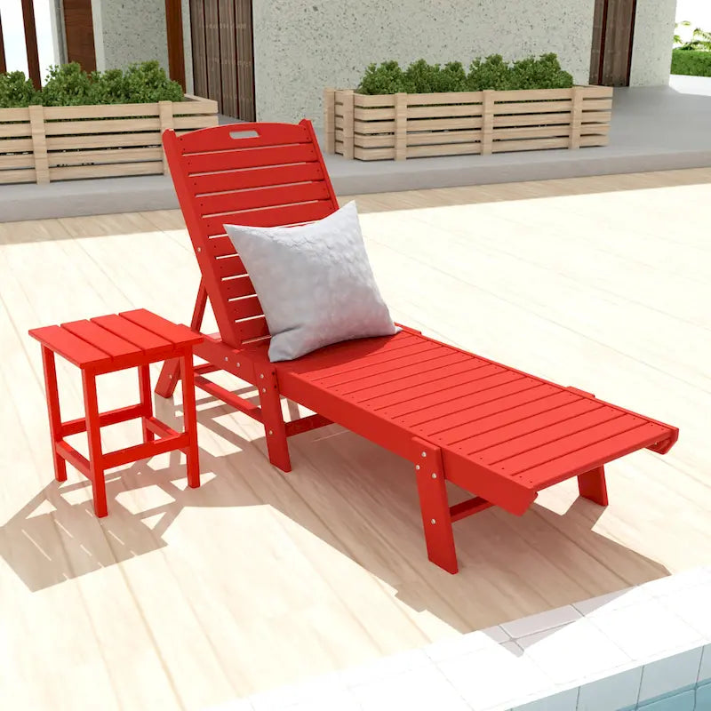Chaises longues inclinables sans accoudoirs Polytrends Laguna en PEHD pour terrasse ou piscine, toutes saisons, avec table d'appoint (ensemble de 2 pièces)