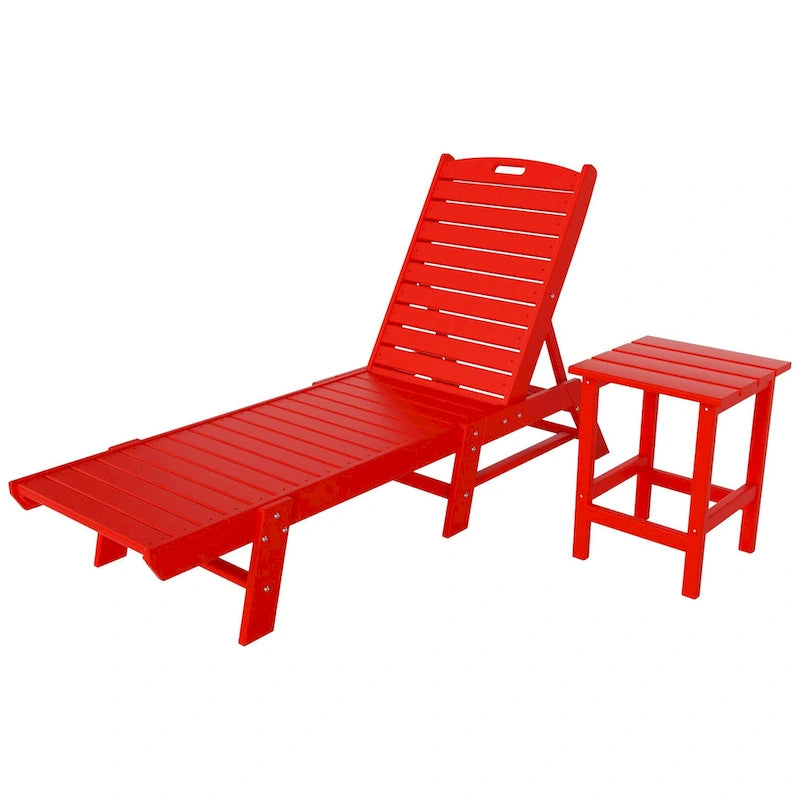 Chaises longues inclinables sans accoudoirs Polytrends Laguna en PEHD pour terrasse ou piscine, toutes saisons, avec table d'appoint (ensemble de 2 pièces)