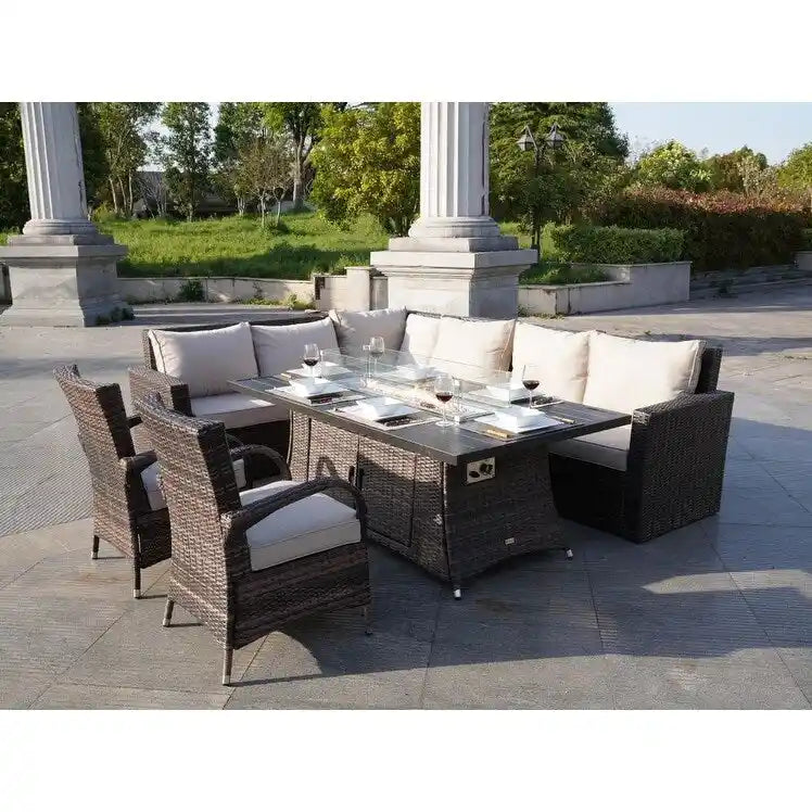 Ensemble de canapé en rotin pour terrasse avec table à manger et chaises en aluminium